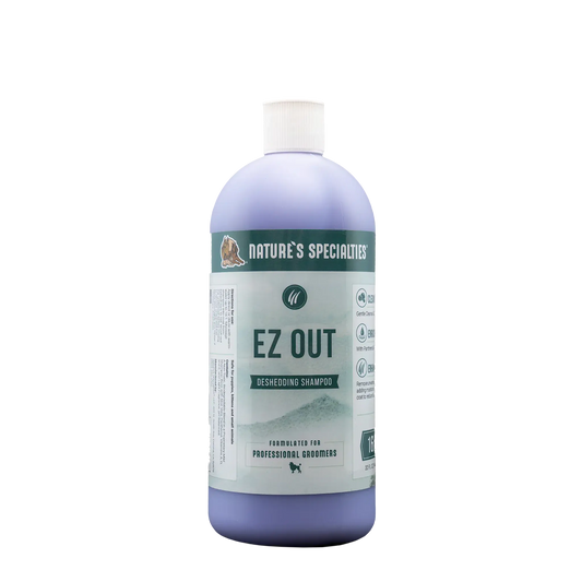 Lavender-tinted NATURE'S SPECIALTIES EZ OUT deshedding shampoo bottle, white cap