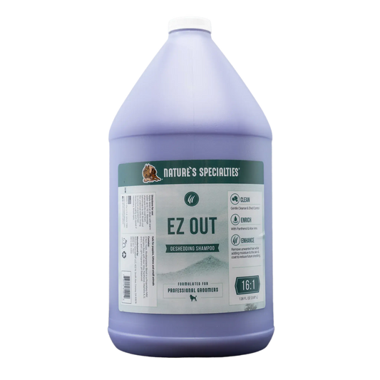 NATURE'S SPECIALTIES EZ OUT deshedding shampoo bottle, front label panel, white cap