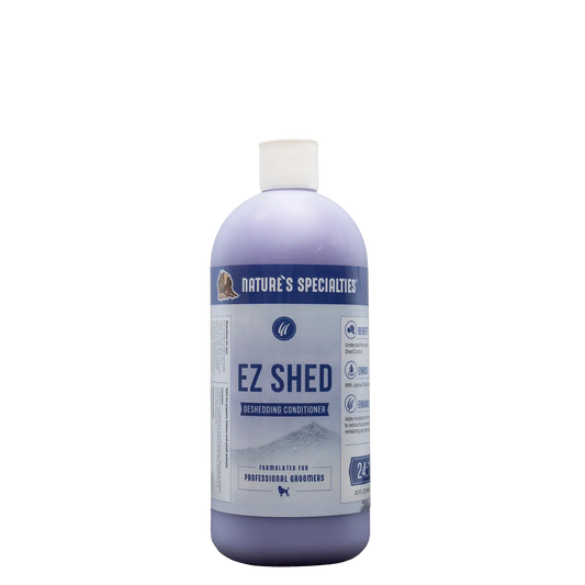 Natures Specialties EZ Shed deshedding conditioner bottle, lavender cap, front label view