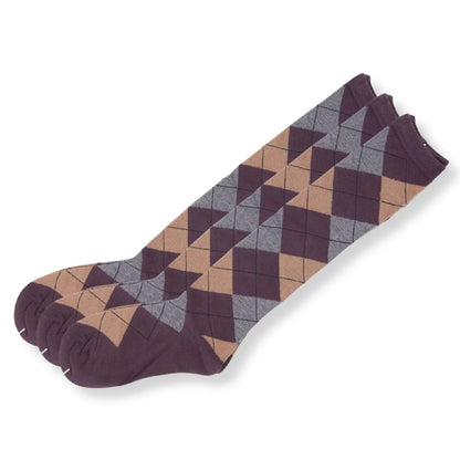 Argyle Knee High 3 Pairs Cotton Socks Diamond Check Pattern