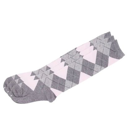 Argyle Knee High 3 Pairs Cotton Socks Diamond Check Pattern