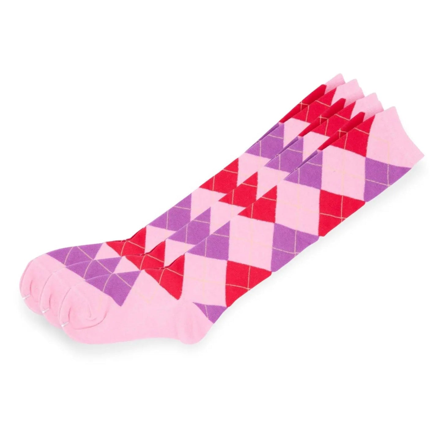 Argyle Knee High 3 Pairs Cotton Socks Diamond Check Pattern