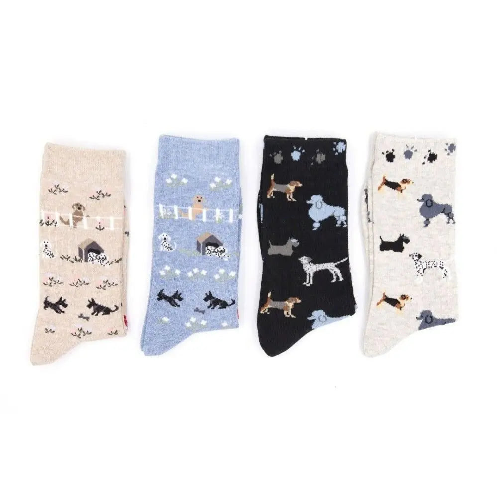 4 Pairs Dog Puppy Pattern Novelty Crew Cotton Socks for Women