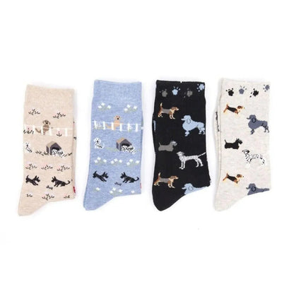 4 Pairs Dog Puppy Pattern Novelty Crew Cotton Socks for Women