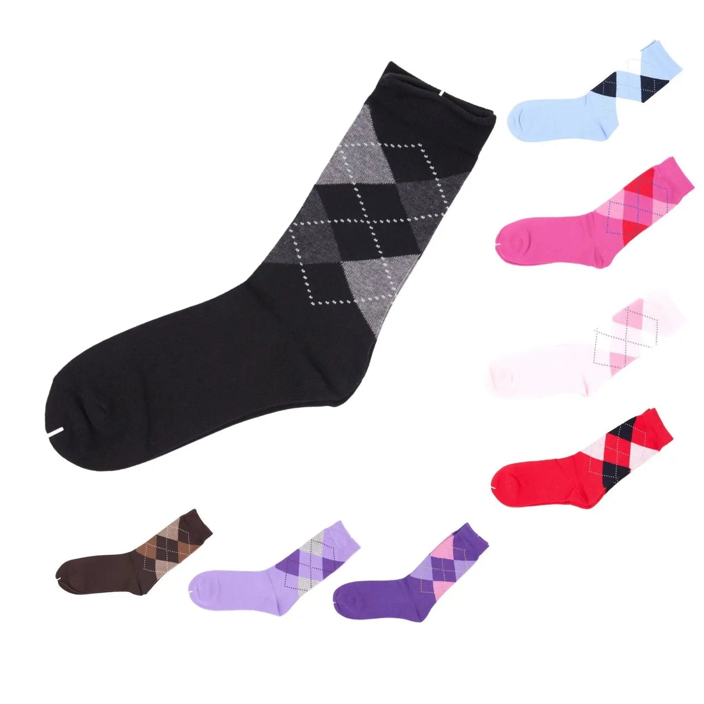 Women Classic 8 Pairs Argyle Check Cotton Crew Socks Diamond Design 2-8