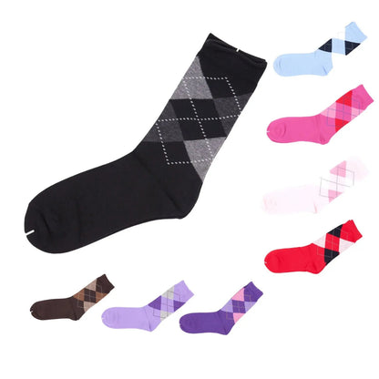 Women Classic 8 Pairs Argyle Check Cotton Crew Socks Diamond Design 2-8