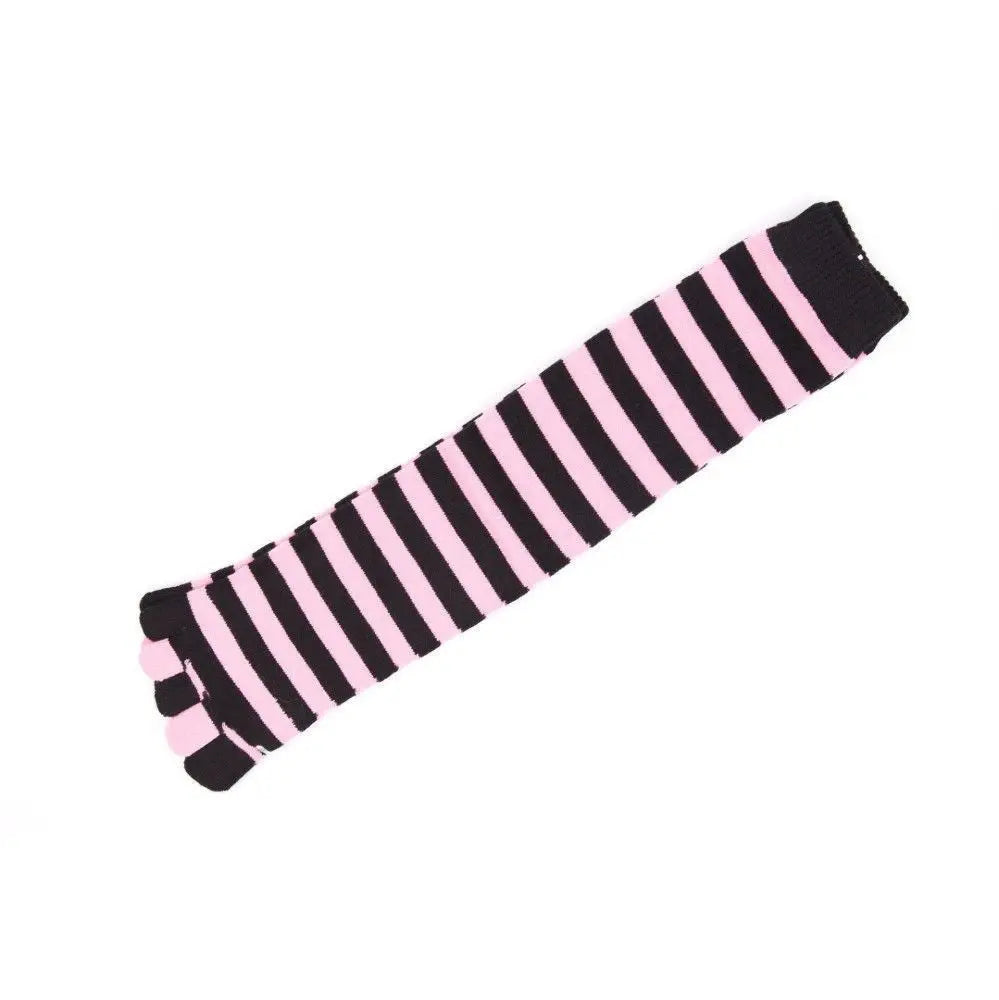 Black Pink Striped Women Knee High Toe Socks Size 2-8