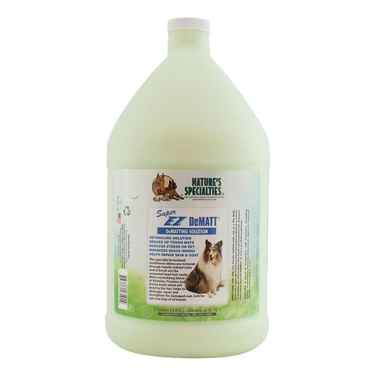 DeMATt de-matting conditioner bottle by Natures Specialties, back label view on light green bottle