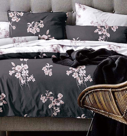 Super king duvet quilt cover set, dark with pink floral print and matching pillowcases