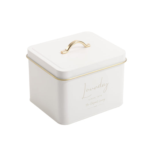White laundry container with gold-trim lid and curved handle, 16 cm