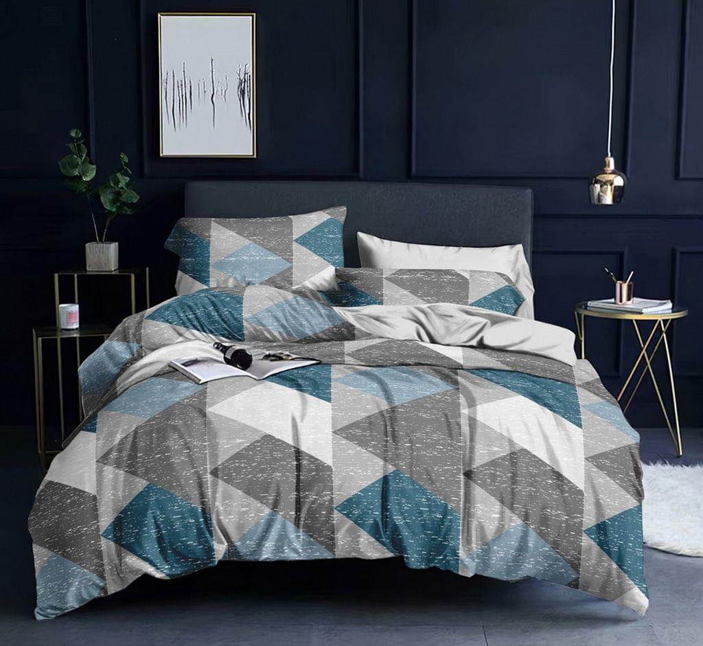 King size duvet quilt cover set in gray and teal geometric squares, with matching pillowcases
