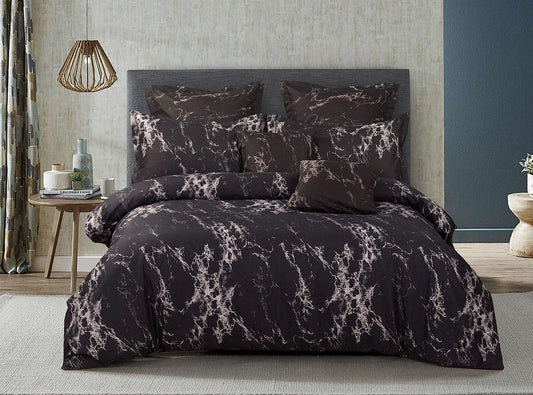 Super king duvet quilt cover set with dark marble-pattern fabric and pillowcases