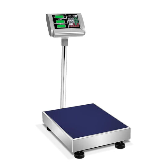 Platform electronic scale with LCD display and dark blue weighing surface