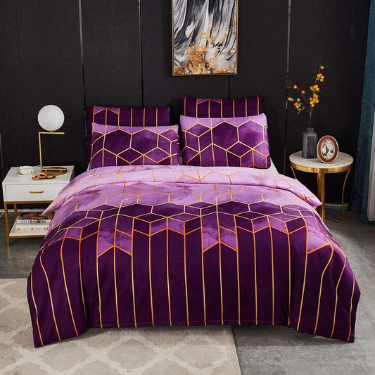 Purple king duvet cover set with gold geometric grid pattern, matching pillows.