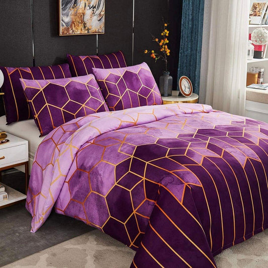 Purple quilted duvet cover set for king bed with gold geometric grid pattern.