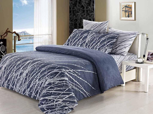 Queen size duvet quilt cover set with dark blue abstract line pattern and matching pillows