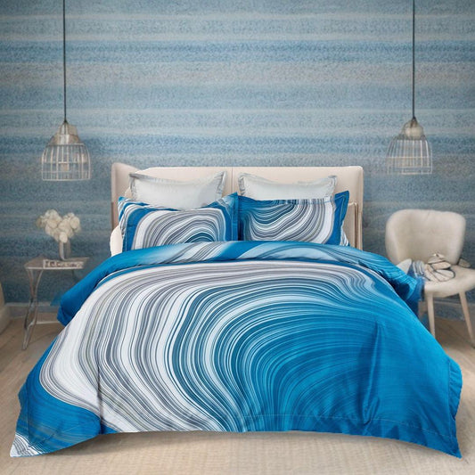 Quilt cover set with blue and white wavy stripe duvet and matching pillowcases