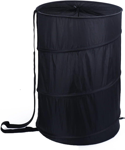 Black collapsible laundry hamper with drawstring top and long carry strap