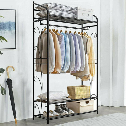 Clothes garment rack with hanging bar, side scroll hooks, and stacked lower shelves