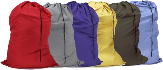 6-pack extra-large laundry bags, drawstring closure, red/gray/purple/yellow/brown/blue