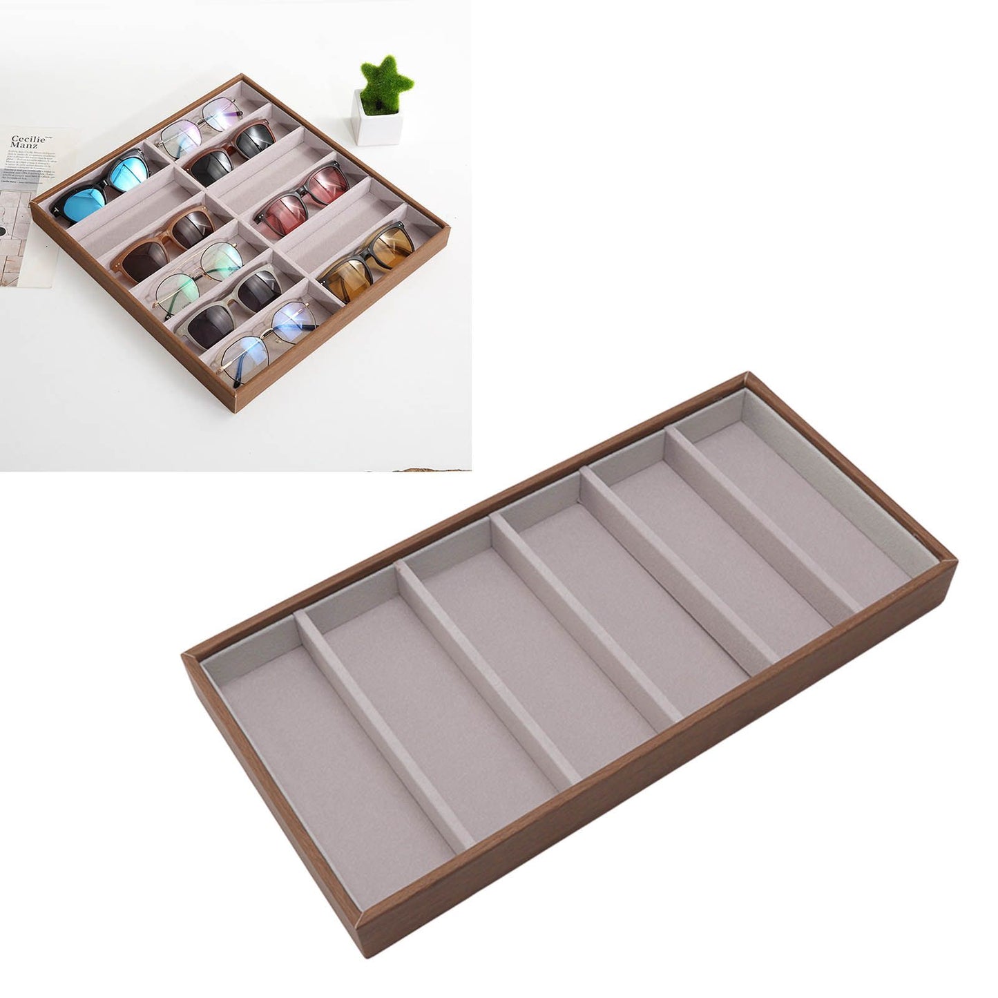 Eyeglass Display Organizer Wood Grain 6 Compartments Glasses Display Tray Sunglasses Storage Cases