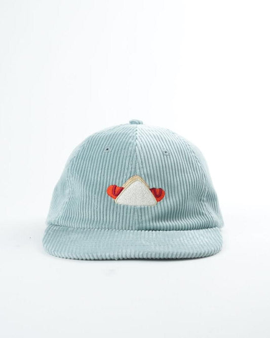 Light blue knit beanie hat with front sausage graphic patch