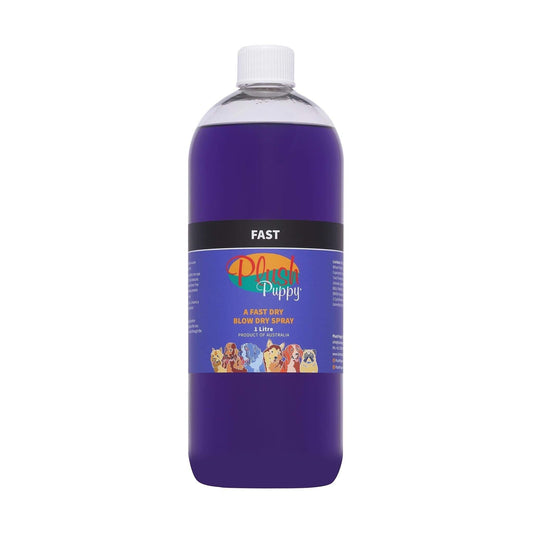 Plush Puppy FAST blow dry spray in purple bottle with white cap