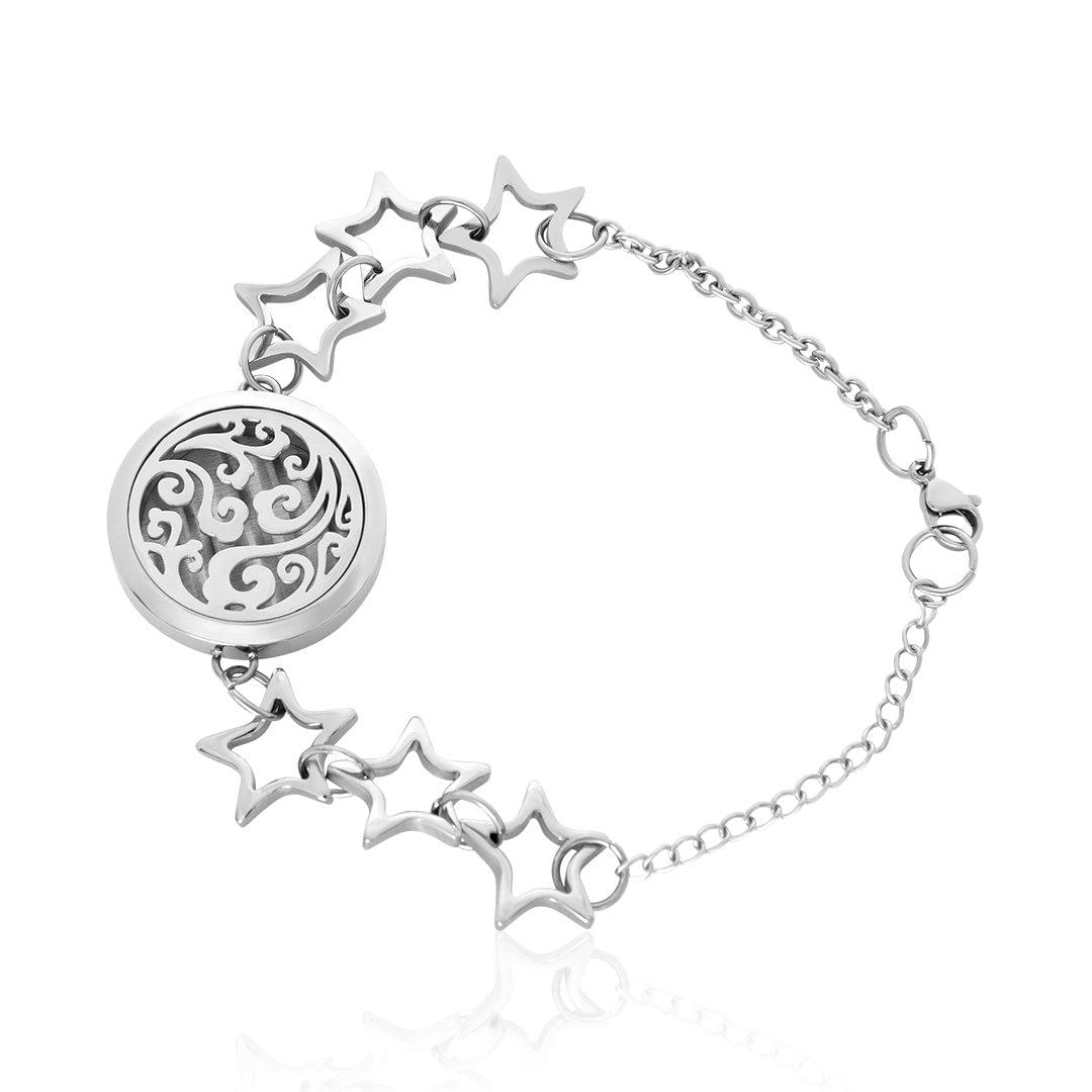 Silver tone bracelet with star charms and swirl round pendant, link chain, clasp.