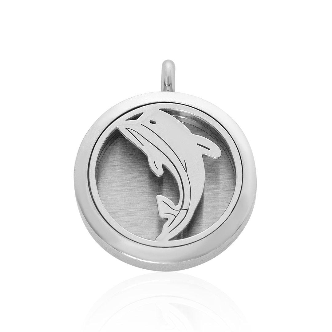 Round silver-toned dolphin diffuser locket pendant with raised dolphin silhouette