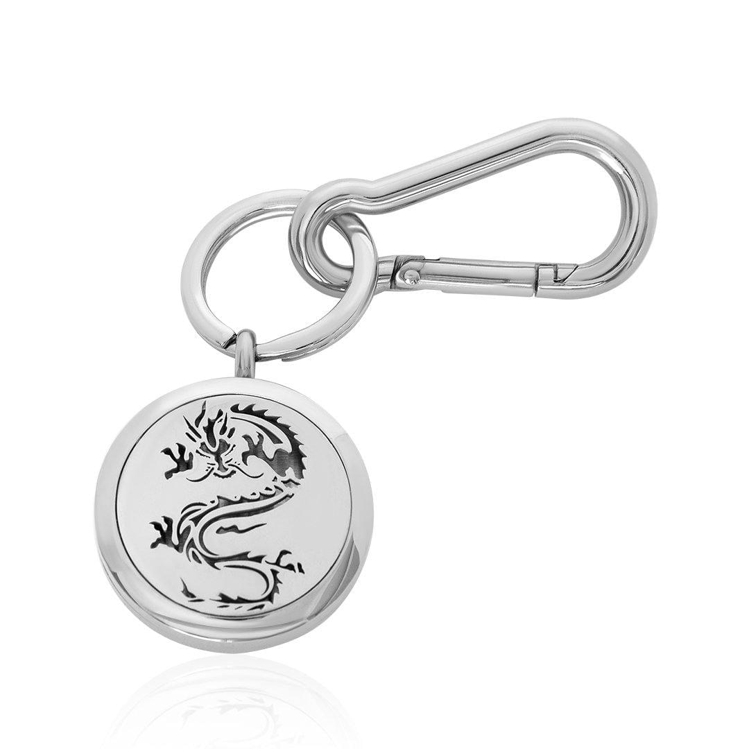 Silver dragon key chain with round engraved charm and carabiner clasp