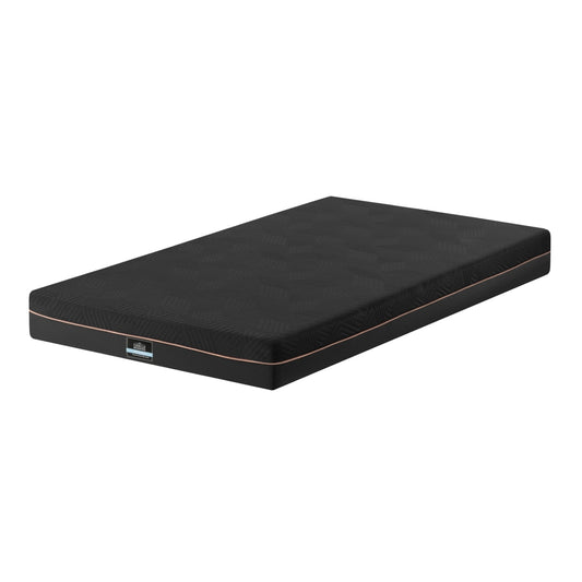 Single memory foam mattress with dark textured cover and slim edge trim, blue label