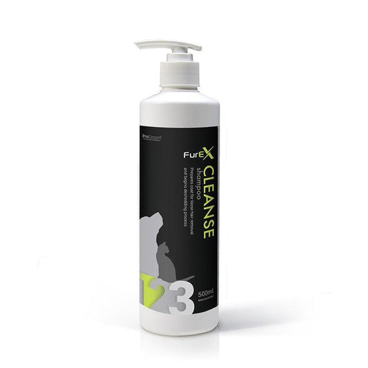 FurEx de-shedding cleanse shampoo pump bottle, white with black label