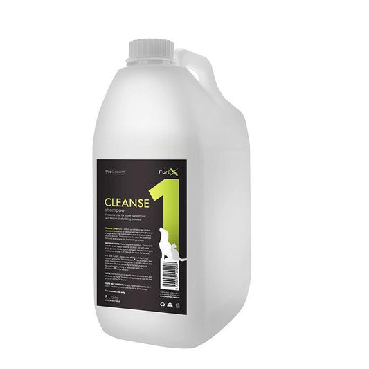 FurEx de-shedding cleanse shampoo bottle, white plastic with black back label
