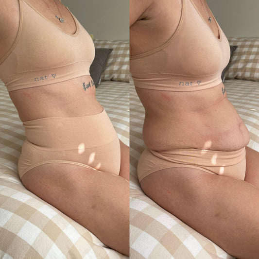 Beige bone seamless brief underwear with smooth waistband, worn on model