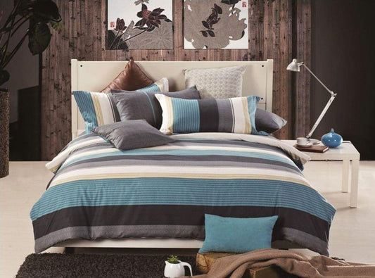 King-size duvet quilt cover set with blue striped and gray bedding, matching pillows