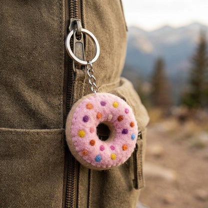 Pink Sprinkle Wool Felt Donut Keychain - Handmade in Nepal