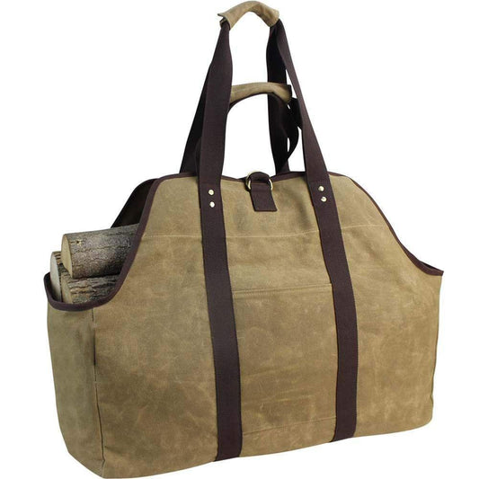 Khaki firewood storage bag with dark handles and riveted strap accents