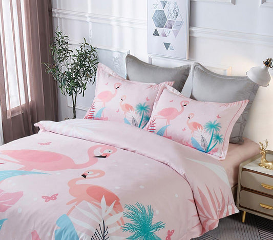 Kids double quilt cover set with pink flamingo pattern and tropical palm leaf cushions