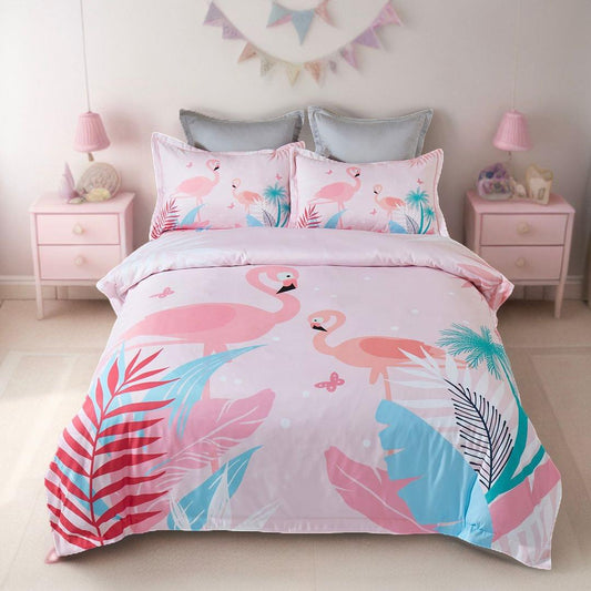Kids quilt cover set with pink and blue flamingo tropical print, two matching pillowcases