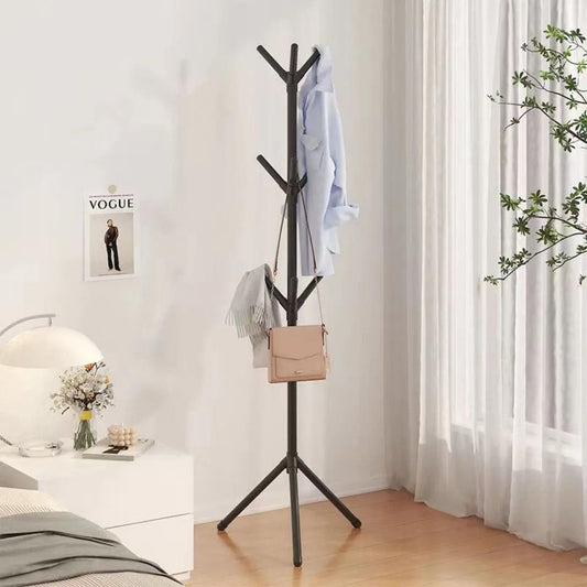 Floor-standing clothes and hat rack with black tripod base and multi-hook arms