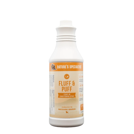 Fluff & Puff re-moisturizing spray bottle, white bottle with orange label, front view.