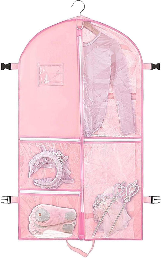 Pink garment bag with clear front organizer, 5 pockets, and side fasteners