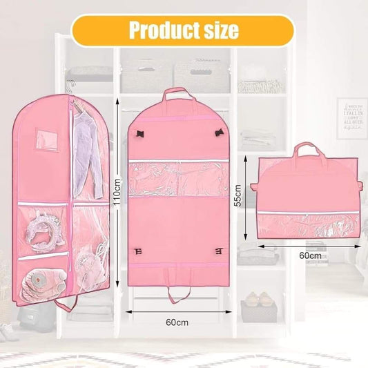 Pink foldable garment bag with carry handle and clear 5-pocket compartments, size diagram