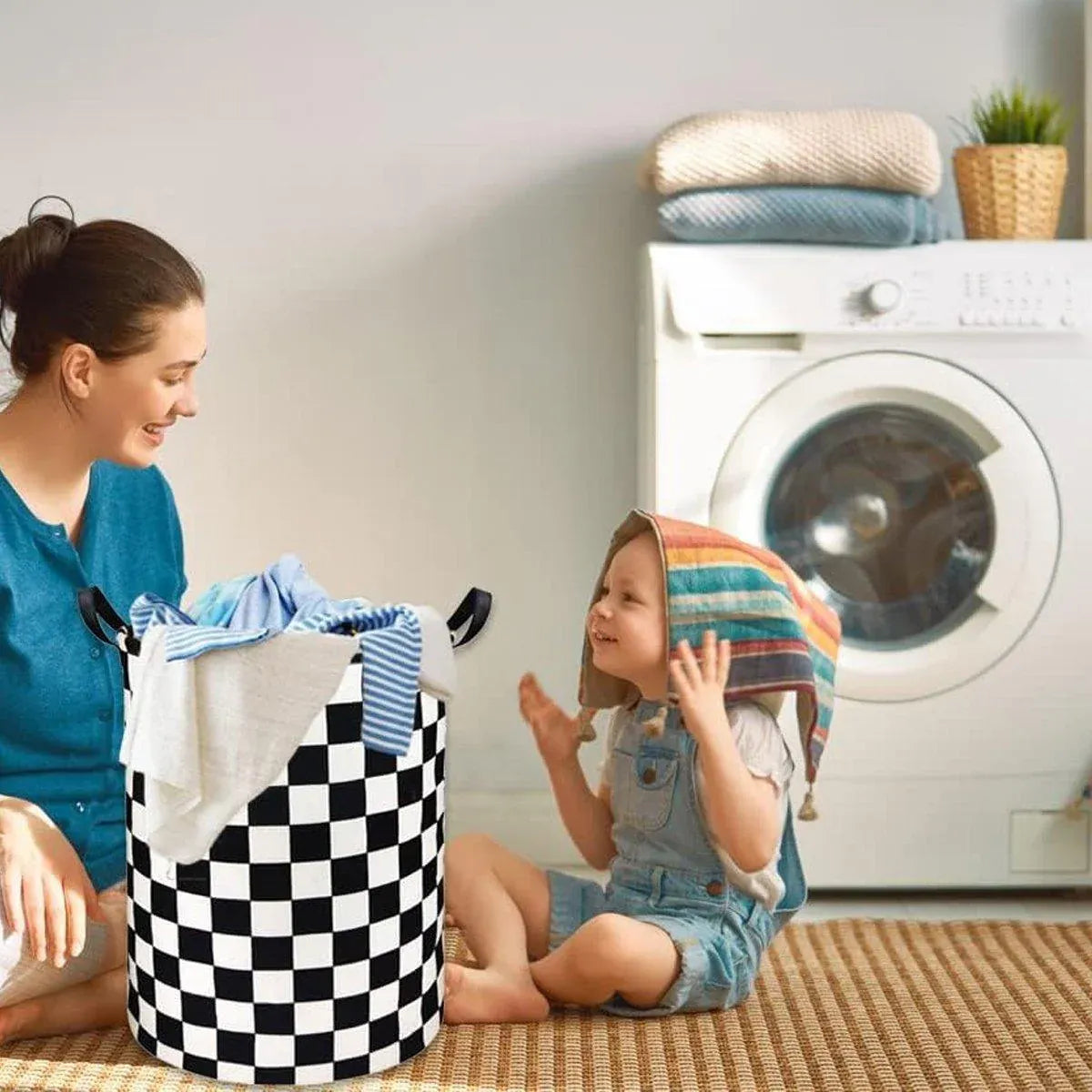 Foldable Laundry Basket Dirty Clothes Hamper Toy Storage Organizer Storage Bin - Black And White Chess