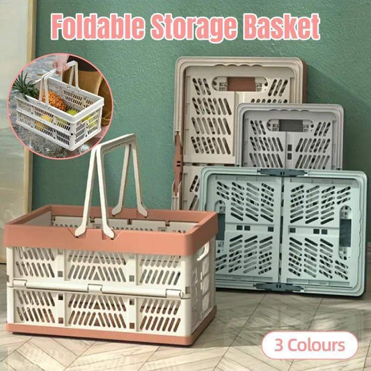 Foldable storage basket set in cream and tan with vented lattice sides and handles