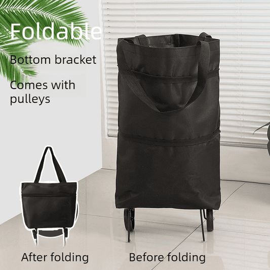 Foldable shopping trolley cart with carrying handles and wheels, black fabric bag