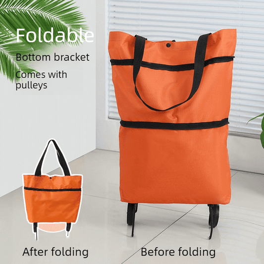 Foldable shopping trolley in orange with black straps and four wheels, shown before folding