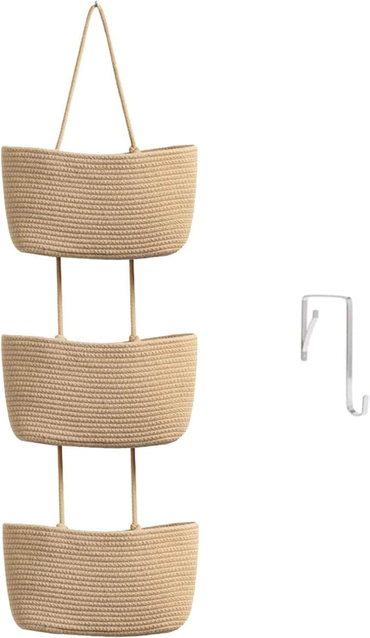 Beige woven hanging organizer with three round baskets and rope handles