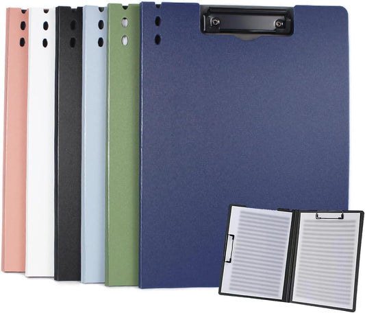 Vertical folders set with binder clips, shown in coral, white, black, green, and blue