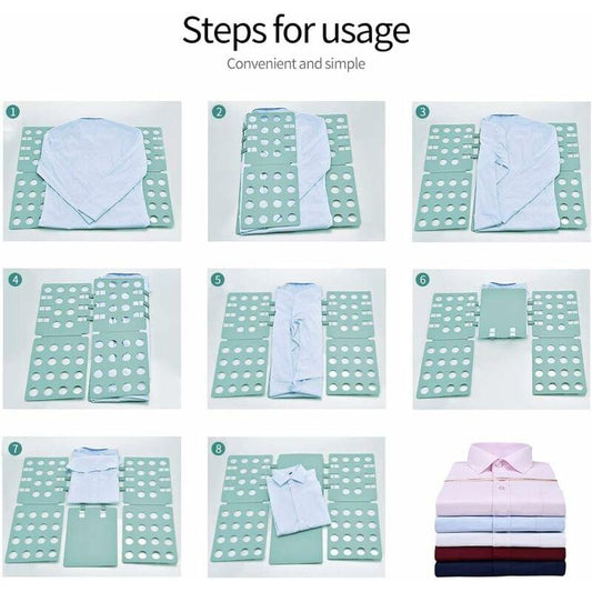 Folding board in use with neatly folded shirts on mint polka-dot panel